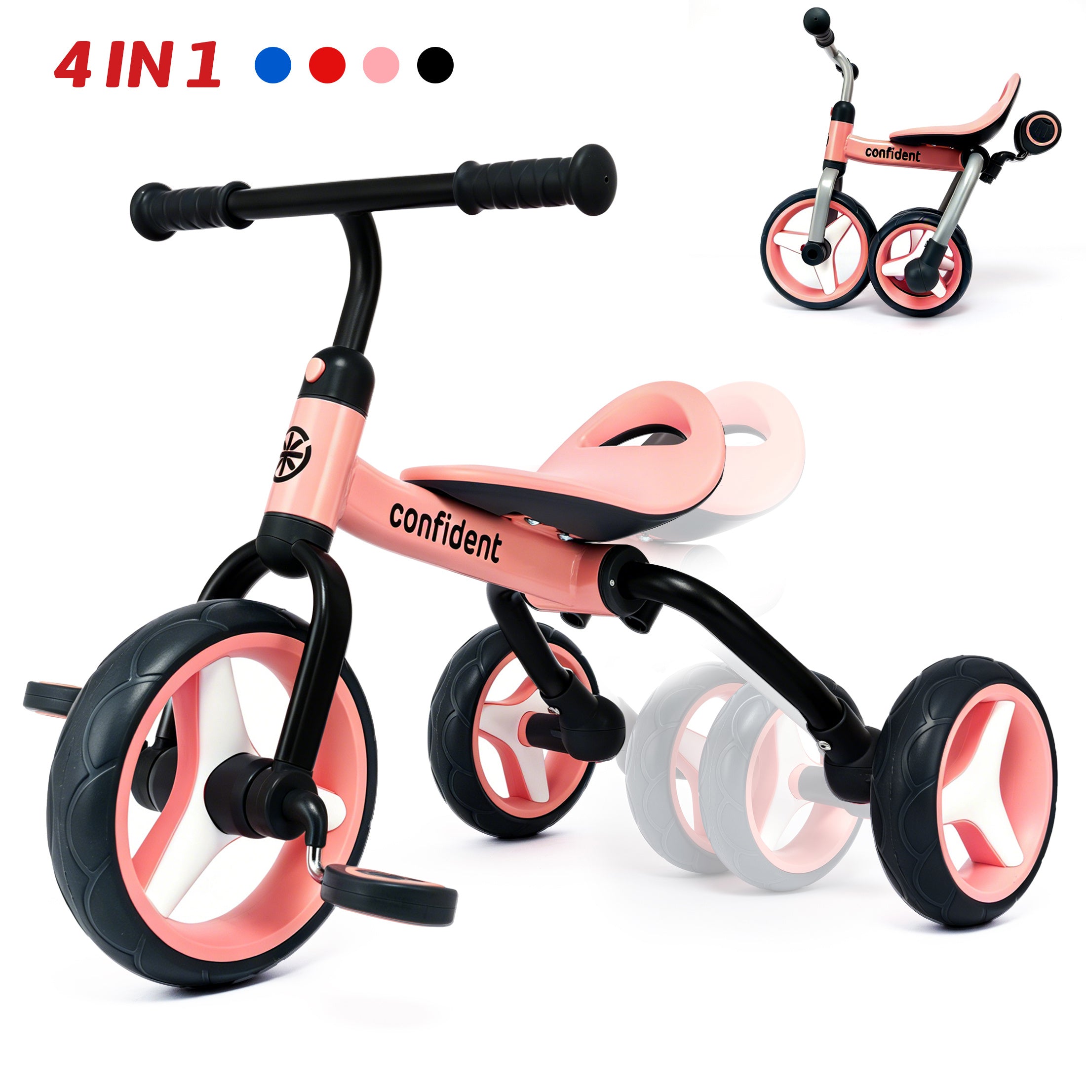 4 In 1 Kids Tricycle For 2+ Years Old Toddler, Folding Toddler Balance Bike With Removable Pedals, Birthday Gift & Toys For Boy And Girl, Balance Training For Baby Balance Bike Infant Trike