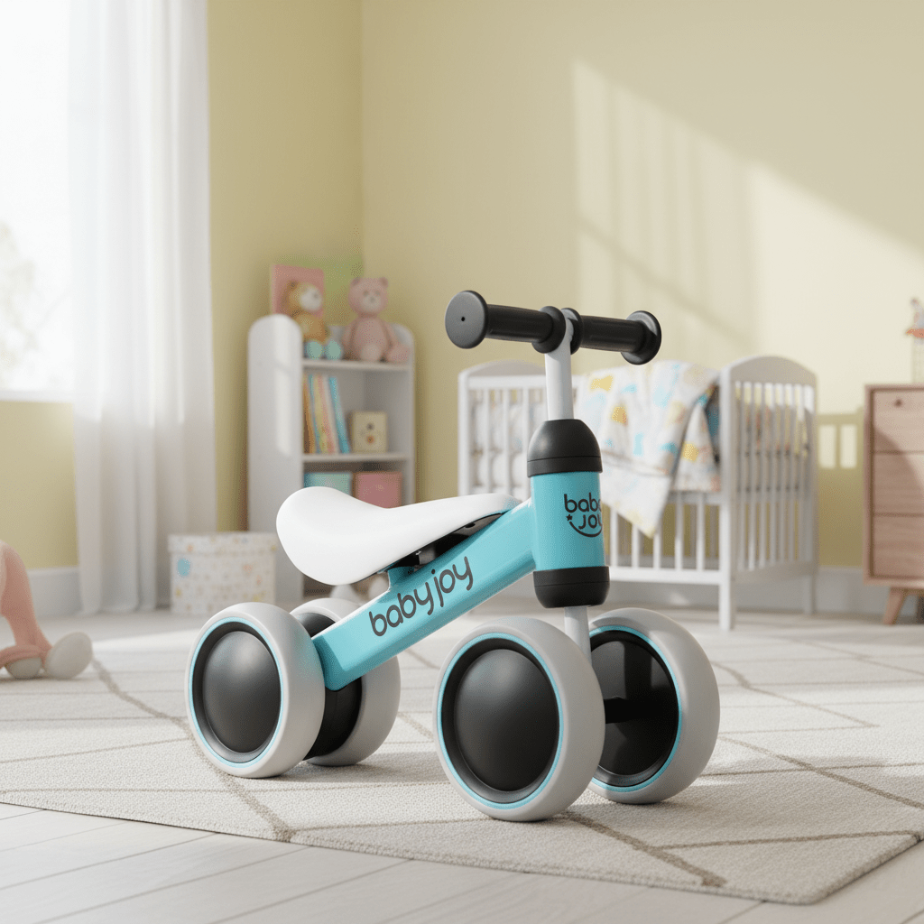 COSTWAY Baby Balance Bike for 2 Years Old Boys Girls, No Pedal 4 Wheels Toddler Bike with Soft Seat, Pre-School First Ride on Toys, Birthday Gift, Blue