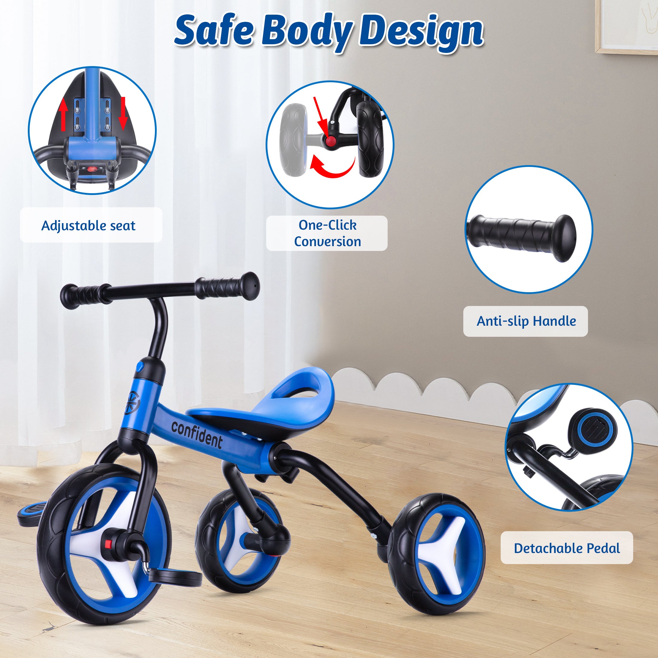 4 In 1 Kids Tricycle For 2+ Years Old Toddler, Folding Toddler Balance Bike With Removable Pedals, Birthday Gift & Toys For Boy And Girl, Balance Training For Baby Balance Bike Infant Trike