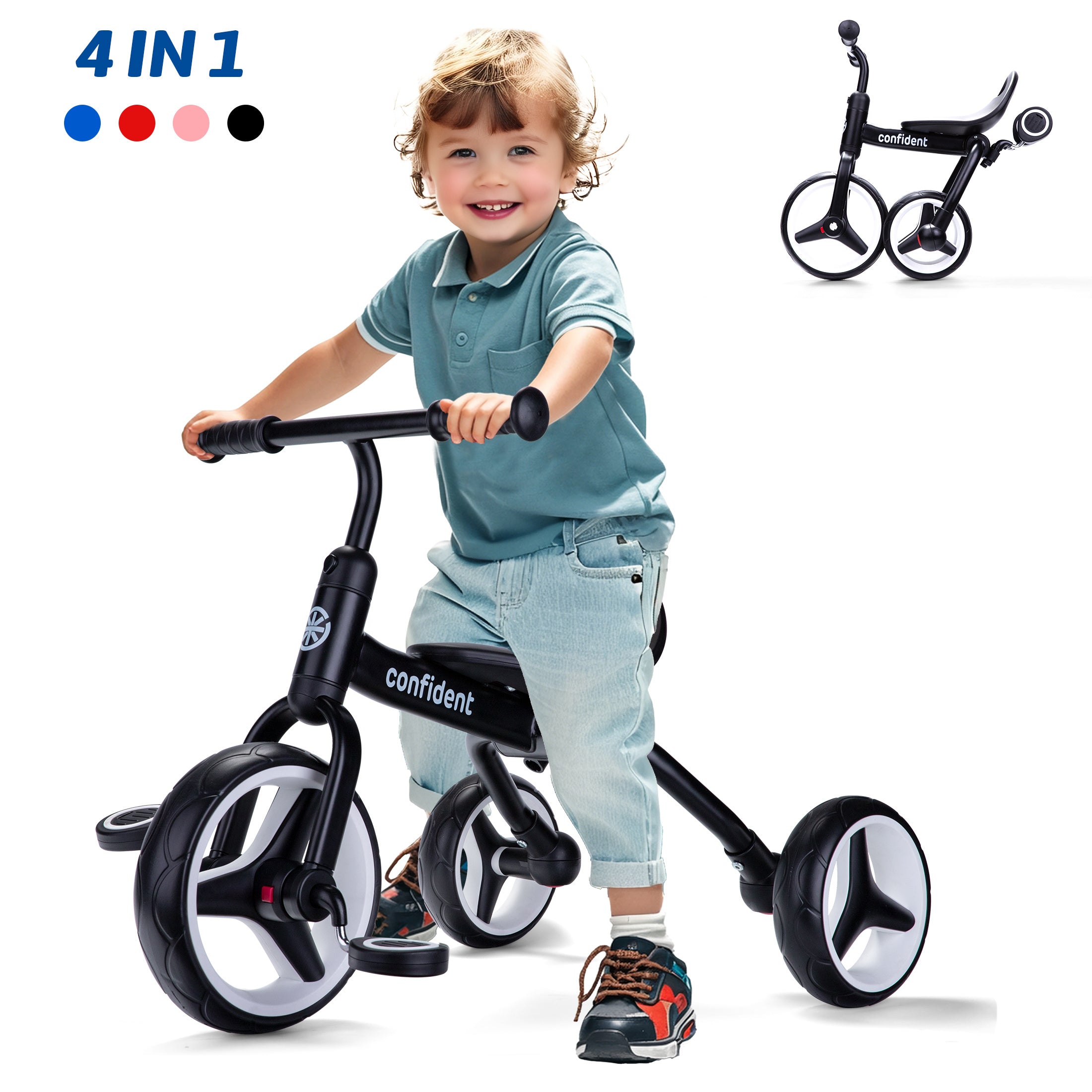 4 In 1 Kids Tricycle For 2+ Years Old Toddler, Folding Toddler Balance Bike With Removable Pedals, Birthday Gift & Toys For Boy And Girl, Balance Training For Baby Balance Bike Infant Trike