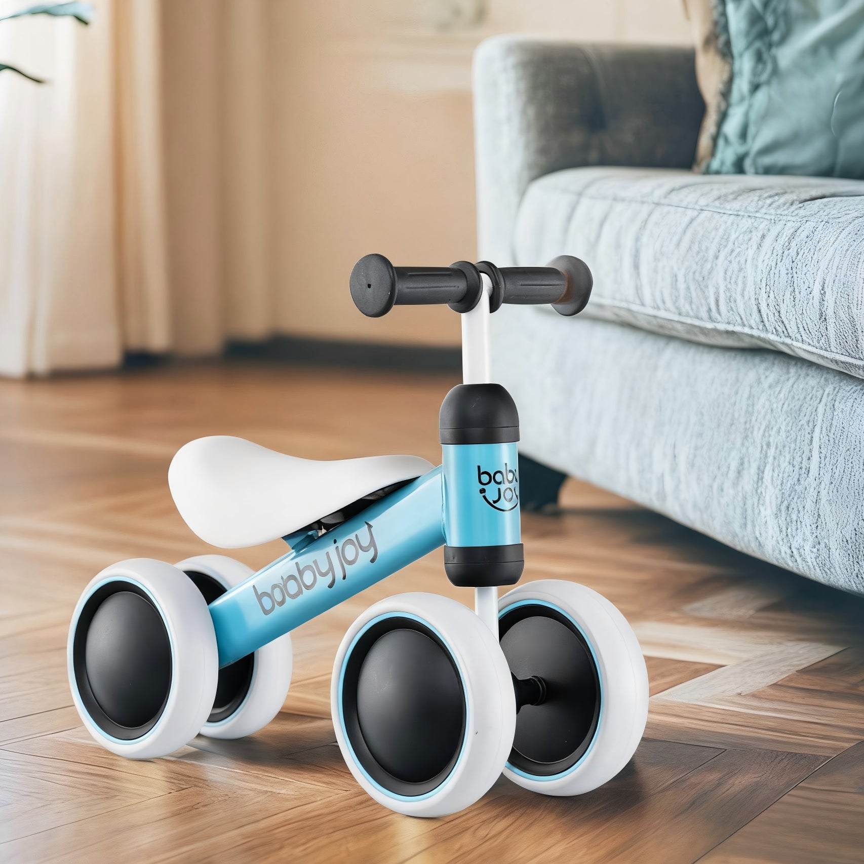 COSTWAY Baby Balance Bike for 2 Years Old Boys Girls, No Pedal 4 Wheels Toddler Bike with Soft Seat, Pre-School First Ride on Toys, Birthday Gift, Blue