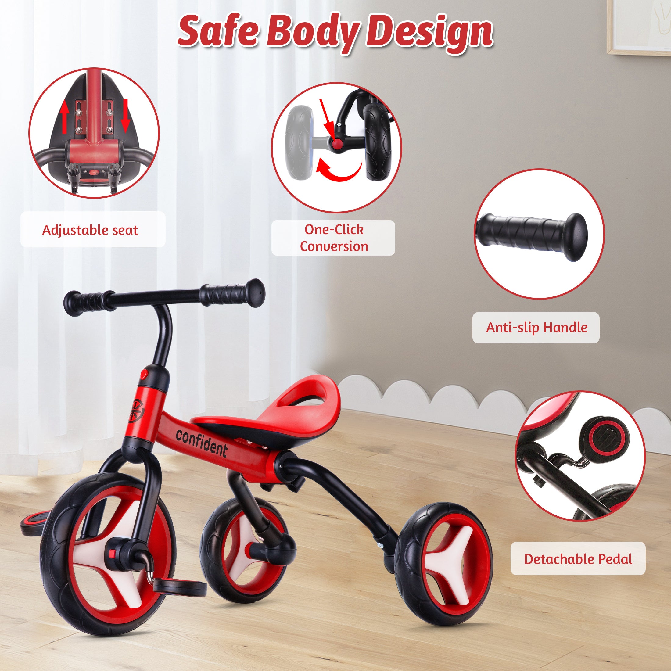 4 In 1 Kids Tricycle For 2+ Years Old Toddler, Folding Toddler Balance Bike With Removable Pedals, Birthday Gift & Toys For Boy And Girl, Balance Training For Baby Balance Bike Infant Trike