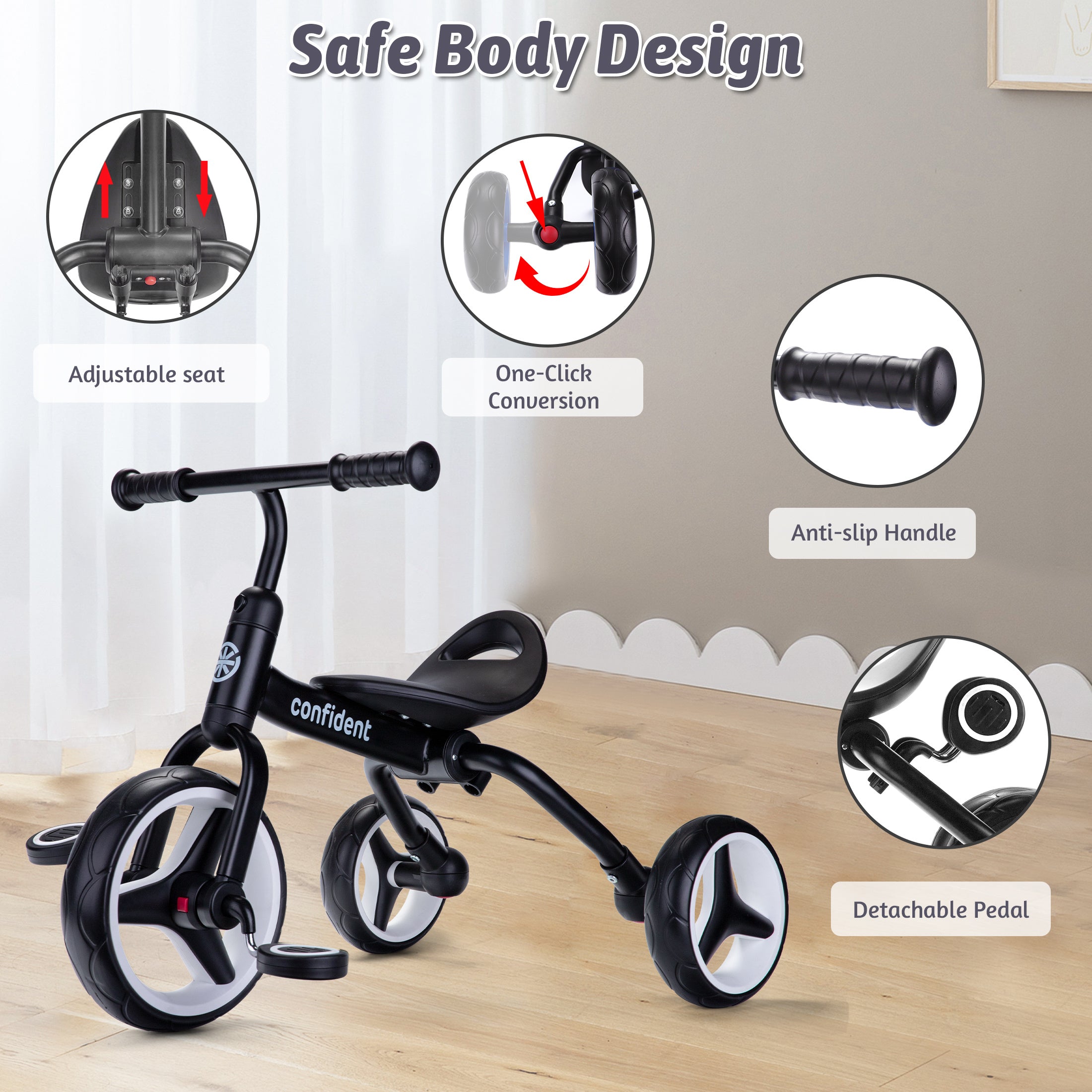 4 In 1 Kids Tricycle For 2+ Years Old Toddler, Folding Toddler Balance Bike With Removable Pedals, Birthday Gift & Toys For Boy And Girl, Balance Training For Baby Balance Bike Infant Trike