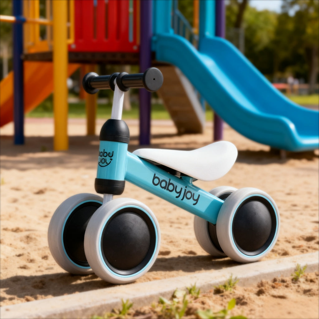 COSTWAY Baby Balance Bike for 2 Years Old Boys Girls, No Pedal 4 Wheels Toddler Bike with Soft Seat, Pre-School First Ride on Toys, Birthday Gift, Blue
