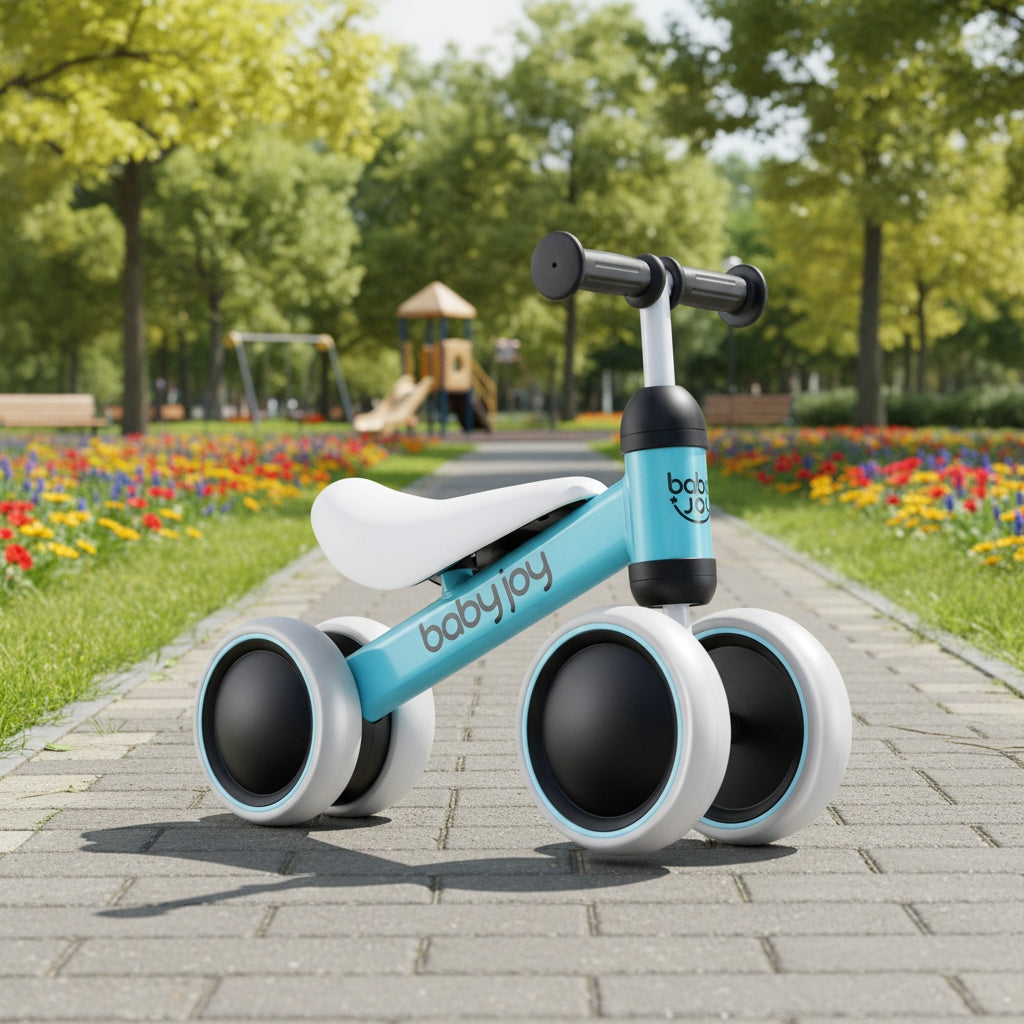COSTWAY Baby Balance Bike for 2 Years Old Boys Girls, No Pedal 4 Wheels Toddler Bike with Soft Seat, Pre-School First Ride on Toys, Birthday Gift, Blue